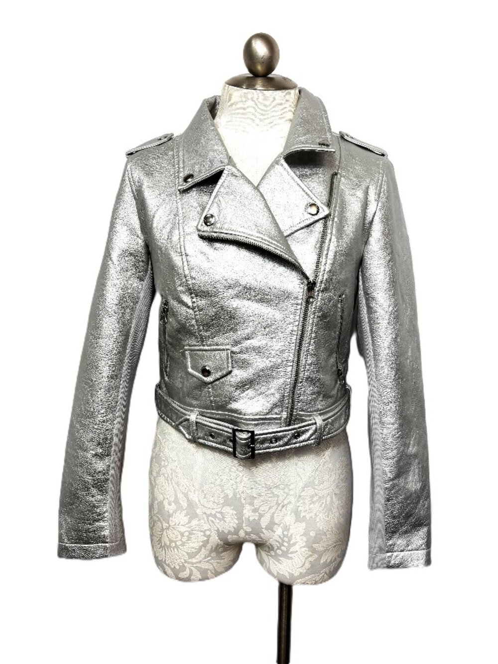 Sebby Collection Silver Metallic Faux Leather Moto Bike Jacket Women's Size M